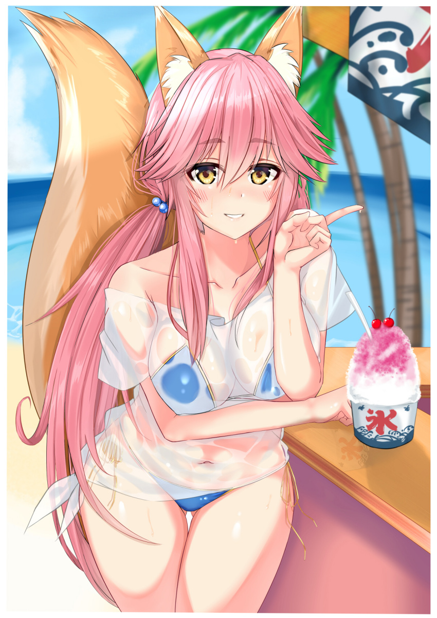 1girl animal_ears bikini blue_bikini blue_sky blurry blurry_background blush breasts brown_eyes cherry clenched_hand collarbone counter eyebrows_visible_through_hair fate/grand_order fate_(series) food fox_ears fox_tail fruit hair_bobbles hair_ornament highres long_hair medium_breasts mukatsukulsp ocean outdoors palm_tree pink_hair see-through shaved_ice side-tie_bikini sky smile solo standing swimsuit tail tamamo_(fate)_(all) tamamo_no_mae_(fate) tree wet wet_clothes