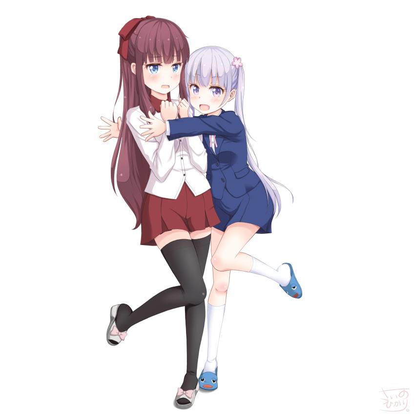 2girls :d absurdres bangs black_legwear blue_eyes blue_jacket blue_skirt blunt_bangs brown_hair dress_shirt eyebrows_visible_through_hair formal full_body hair_ornament hair_ribbon highres jacket leg_up long_hair looking_at_viewer miniskirt multiple_girls neck_ribbon new_game! open_mouth pink_ribbon pleated_skirt ponytail red_ribbon red_skirt ribbon sainohikari shirt silver_hair simple_background skirt skirt_suit smile standing standing_on_one_leg suit suzukaze_aoba takimoto_hifumi thigh-highs twintails very_long_hair violet_eyes white_background white_legwear white_shirt zettai_ryouiki