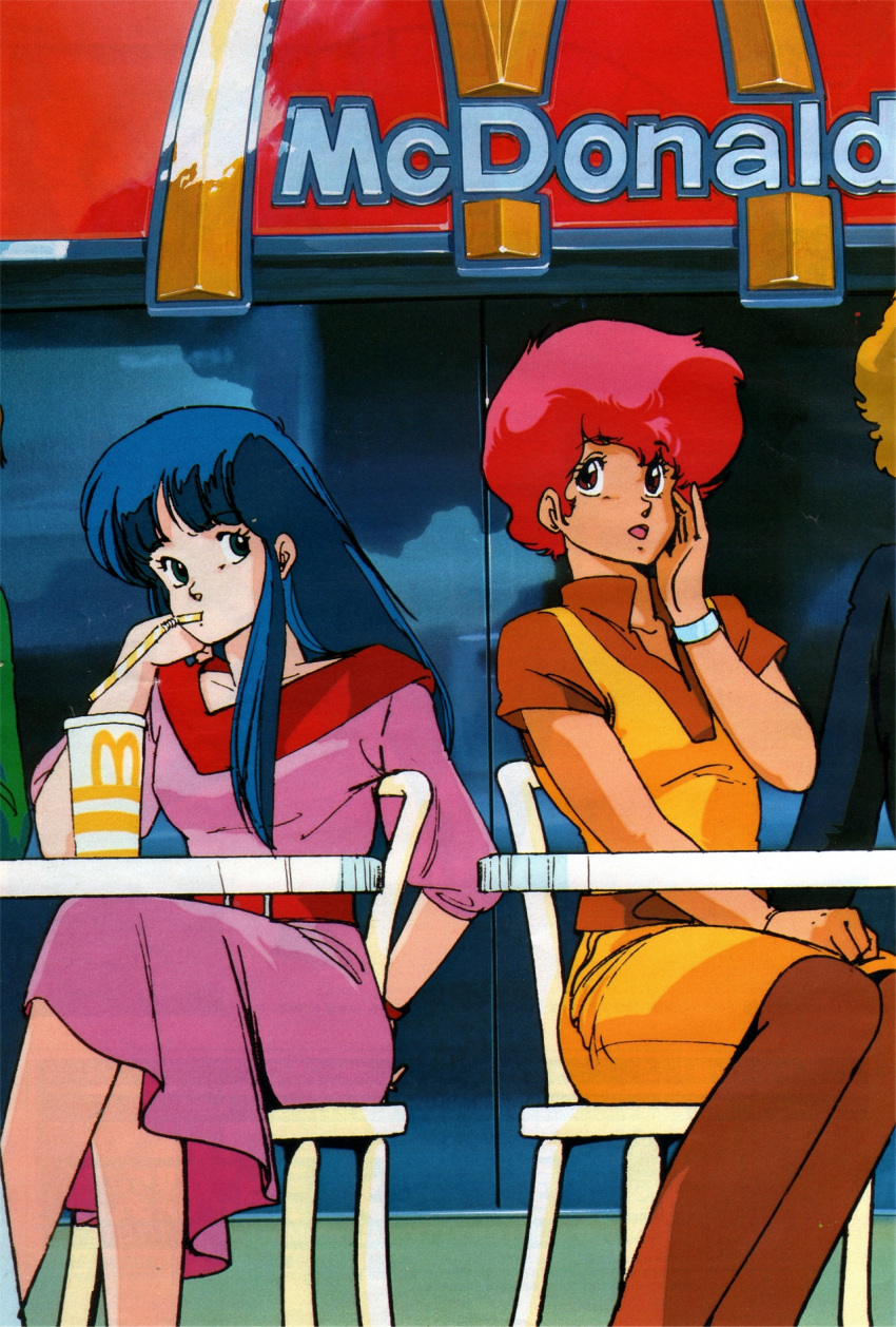 2girls 80s arm_behind_back blue_eyes blue_hair bracelet chair dirty_pair dress drinking_straw hand_on_lap hand_on_own_cheek highres jewelry kei_(dirty_pair) long_hair mcdonald's mouth_hold mughi multiple_girls official_art oldschool open_mouth pink_dress red_eyes redhead short_hair short_sleeves sitting sleeves_past_elbows takachiho_haruka yuri_(dirty_pair)