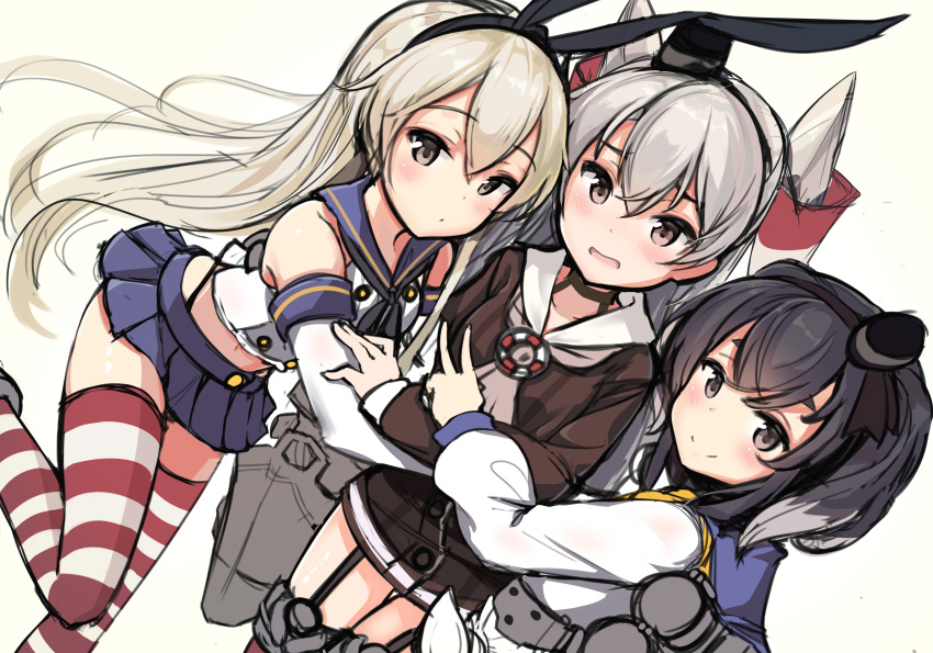 3girls :d absurdres amatsukaze_(kantai_collection) bangs black_hair black_hairband black_neckwear black_panties black_ribbon blue_sailor_collar blue_skirt breasts brown_dress brown_eyes closed_mouth commentary_request crop_top dress elbow_gloves eyebrows_visible_through_hair girl_sandwich gloves gradient_hair hair_between_eyes hair_ribbon hair_tubes hairband hat highleg highleg_panties highres kantai_collection lifebuoy long_hair midriff mini_hat miniskirt multicolored_hair multiple_girls navel ohshit open_mouth panties pleated_skirt ribbon sailor_collar sailor_dress sandwiched school_uniform see-through serafuku shimakaze_(kantai_collection) shirt short_dress silver_hair simple_background skirt sleeveless sleeveless_shirt small_breasts smile smokestack standing standing_on_one_leg striped striped_legwear thick_eyebrows thigh-highs tokitsukaze_(kantai_collection) two_side_up underwear v very_long_hair white_background white_dress white_gloves white_sailor_collar white_shirt windsock