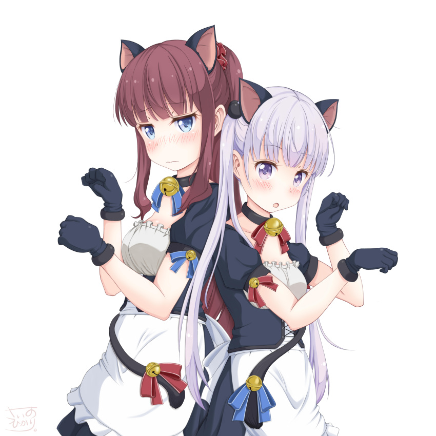 2girls absurdres alternate_costume animal_ears apron back-to-back bangs bell bell_collar black_gloves black_shirt black_skirt blue_ribbon blunt_bangs blush breasts brown_hair cat_ears cat_tail choker cleavage collar collarbone embarrassed enmaided eyebrows_visible_through_hair gloves highres long_hair maid medium_breasts multiple_girls new_game! open_mouth paw_pose ponytail red_ribbon ribbon sainohikari shiny shiny_skin shirt silver_hair skirt smile standing suzukaze_aoba tail tail_bell tail_ribbon takimoto_hifumi twintails very_long_hair violet_eyes white_apron white_background