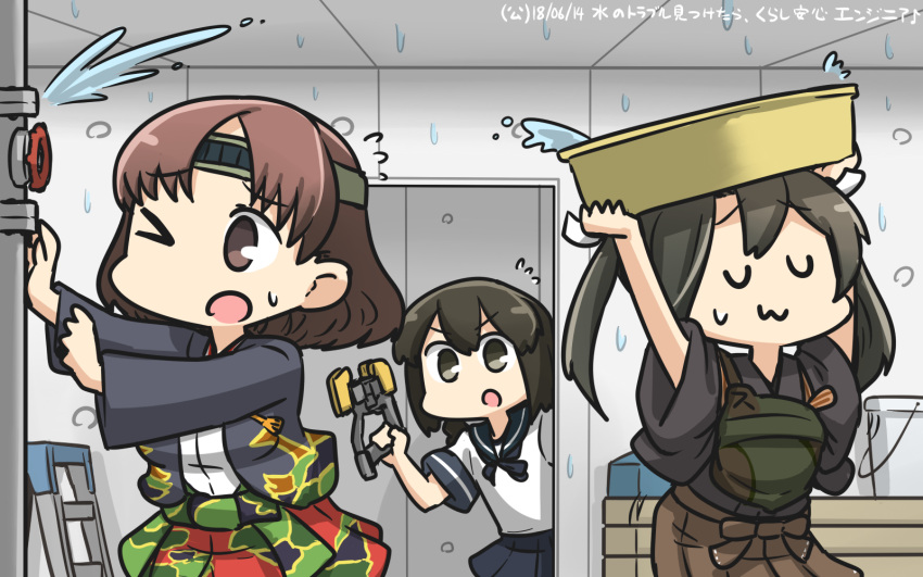 3girls :3 blue_sailor_collar blue_skirt brown_eyes brown_hair brown_hakama chiyoda_(kantai_collection) closed_eyes commentary dated dead_space green_hair hair_between_eyes hakama hakama_skirt hamu_koutarou highres holding isonami_(kantai_collection) japanese_clothes kantai_collection long_hair long_sleeves multiple_girls muneate one_eye_closed open_mouth plasma_cutter pleated_skirt remodel_(kantai_collection) sailor_collar school_uniform serafuku short_hair short_sleeves skirt smile tasuki twintails zui_zui_dance zuikaku_(kantai_collection)