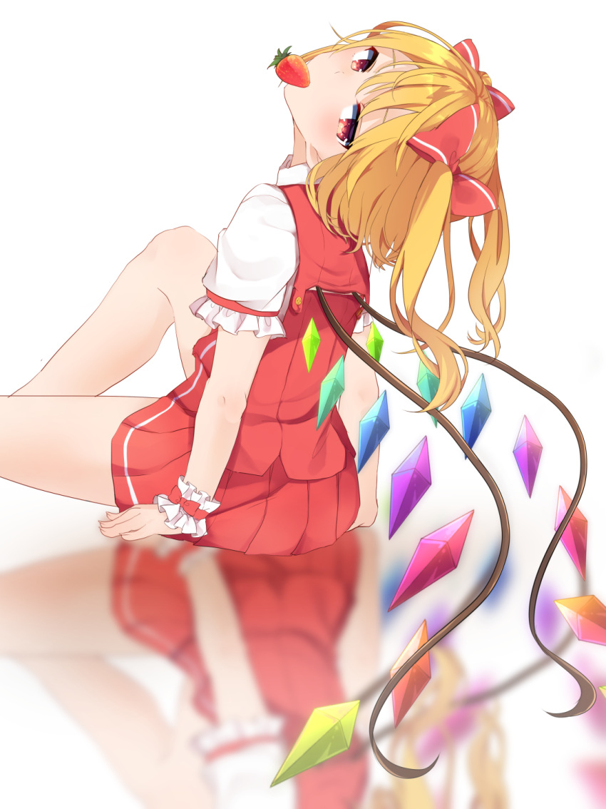 1girl alternate_hairstyle blonde_hair blush commentary_request crystal feet_out_of_frame flandre_scarlet food food_in_mouth from_behind fruit hair_between_eyes head_back highres karasusou_nano knee_up looking_at_viewer looking_back miniskirt mouth_hold pleated_skirt puffy_short_sleeves puffy_sleeves red_eyes red_skirt red_vest reflection short_hair short_sleeves simple_background sitting skirt solo strawberry thighs touhou two_side_up vest white_background wings wrist_cuffs