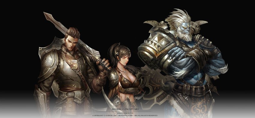 1girl 2boys all_kill armor art_slow beard belt black_background blue_skin bracer breasts brown_eyes brown_gloves brown_hair cleavage concept_art crescent crescent_hair_ornament crossed_arms facial_hair fingerless_gloves gloves hair_ornament highres holding holding_sword holding_weapon jewelry large_breasts multiple_boys muscle navel necklace over_shoulder ponytail shield simple_background standing sword vambraces watermark weapon white_hair