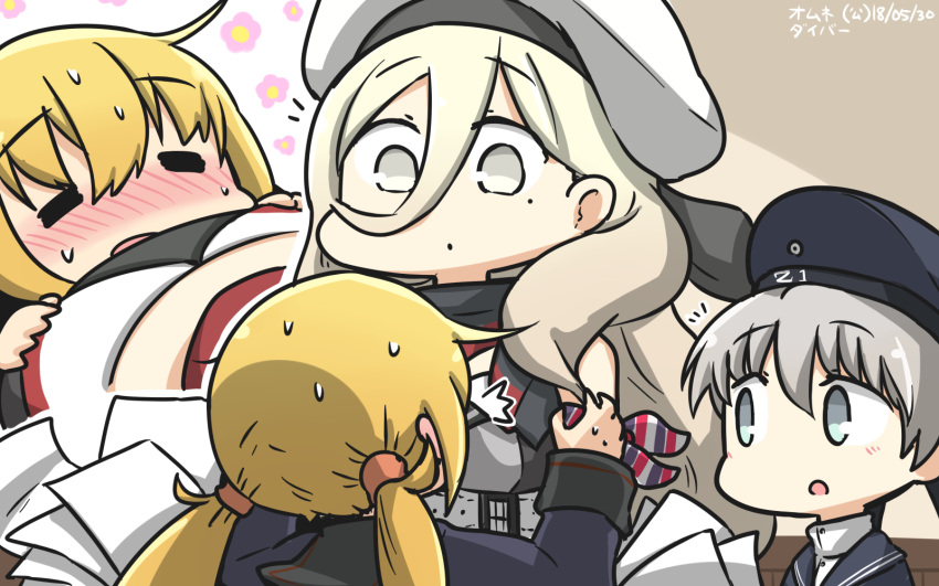 3girls armband beret black_cardigan black_dress black_hat black_jacket blonde_hair blue_eyes blue_sailor_collar blush cardigan commentary_request dated dress eyebrows_visible_through_hair hair_between_eyes hamu_koutarou hat highres jacket kantai_collection long_hair mole mole_under_eye multiple_girls nose_blush remodel_(kantai_collection) richelieu_(kantai_collection) sailor_collar sailor_dress sailor_hat satsuki_(kantai_collection) short_hair twintails white_hat yellow_eyes z1_leberecht_maass_(kantai_collection)