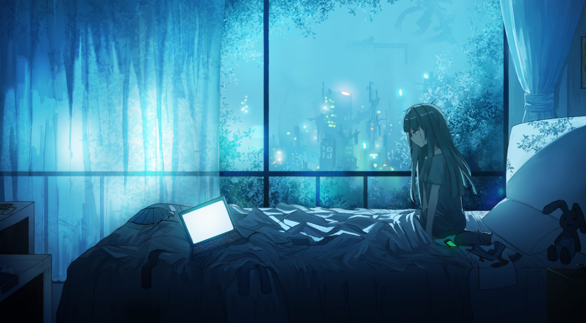 1girl aer7o animal bangs bed black_hair black_shirt blue_sailor_collar blue_skirt cat cellphone cityscape closed_eyes closed_mouth computer curtains eyebrows_visible_through_hair glowing highres laptop long_hair night night_sky original phone pillow pleated_skirt profile sailor_collar school_uniform serafuku shirt shirt_removed short_sleeves sitting skirt skirt_removed sky socks_removed solo stuffed_animal stuffed_bunny stuffed_toy transparent under_covers white_shirt window