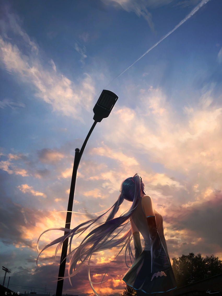 1girl absurdres black_skirt blue_hair blue_sky detached_sleeves floating_hair from_behind from_below grey_shirt hatsune_miku highres leiq long_hair outdoors pleated_skirt shirt skirt sky sleeveless sleeveless_shirt solo standing sunset twintails very_long_hair vocaloid