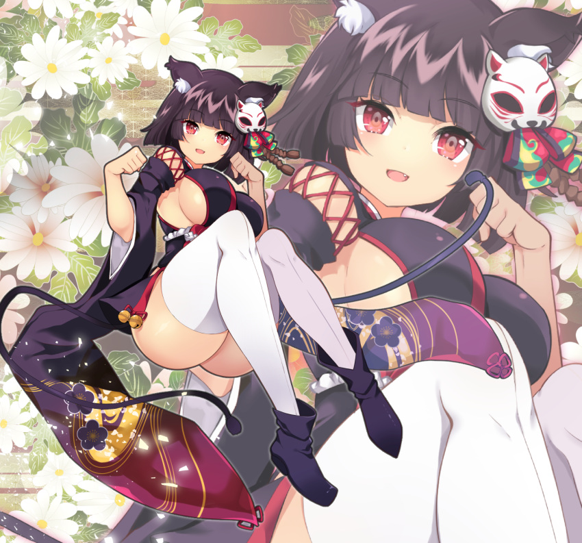 1girl :d animal_ears azur_lane bell black_hair breasts cat_ears cat_tail eyebrows_visible_through_hair fang floral_background floral_print full_body highres japanese_clothes jingle_bell large_breasts looking_at_viewer mask mask_on_head mozzarella open_mouth paw_pose red_eyes short_hair sideboob smile solo tail thigh-highs thighs white_legwear wide_sleeves yamashiro_(azur_lane) zoom_layer