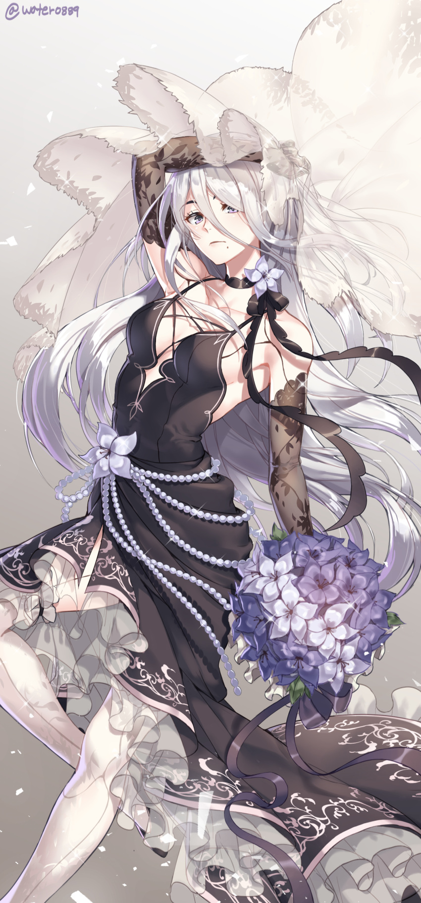 1girl absurdres arm_up artist_name black_dress bouquet breasts choker cleavage collarbone dress elbow_gloves flower gloves gradient gradient_background grey_background grey_eyes grey_flower grey_gloves hair_between_eyes highres holding holding_bouquet leg_up long_hair looking_at_viewer medium_breasts mole mole_under_mouth nier_(series) nier_automata see-through sideboob silver_hair sleeveless sleeveless_dress solo standing standing_on_one_leg very_long_hair water0889 white_legwear yorha_type_a_no._2
