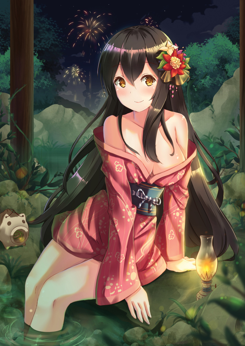1girl absurdres arm_support bag black_hair blush breasts cleavage collar fireworks flower hair_between_eyes hair_flower hair_ornament highres holmemee japanese_clothes kimono lamp large_breasts long_hair looking_at_viewer night obi original outdoors red_flower red_kimono sash shiny shiny_hair shiny_skin sitting smile soaking_feet solo very_long_hair water yellow_eyes yukata