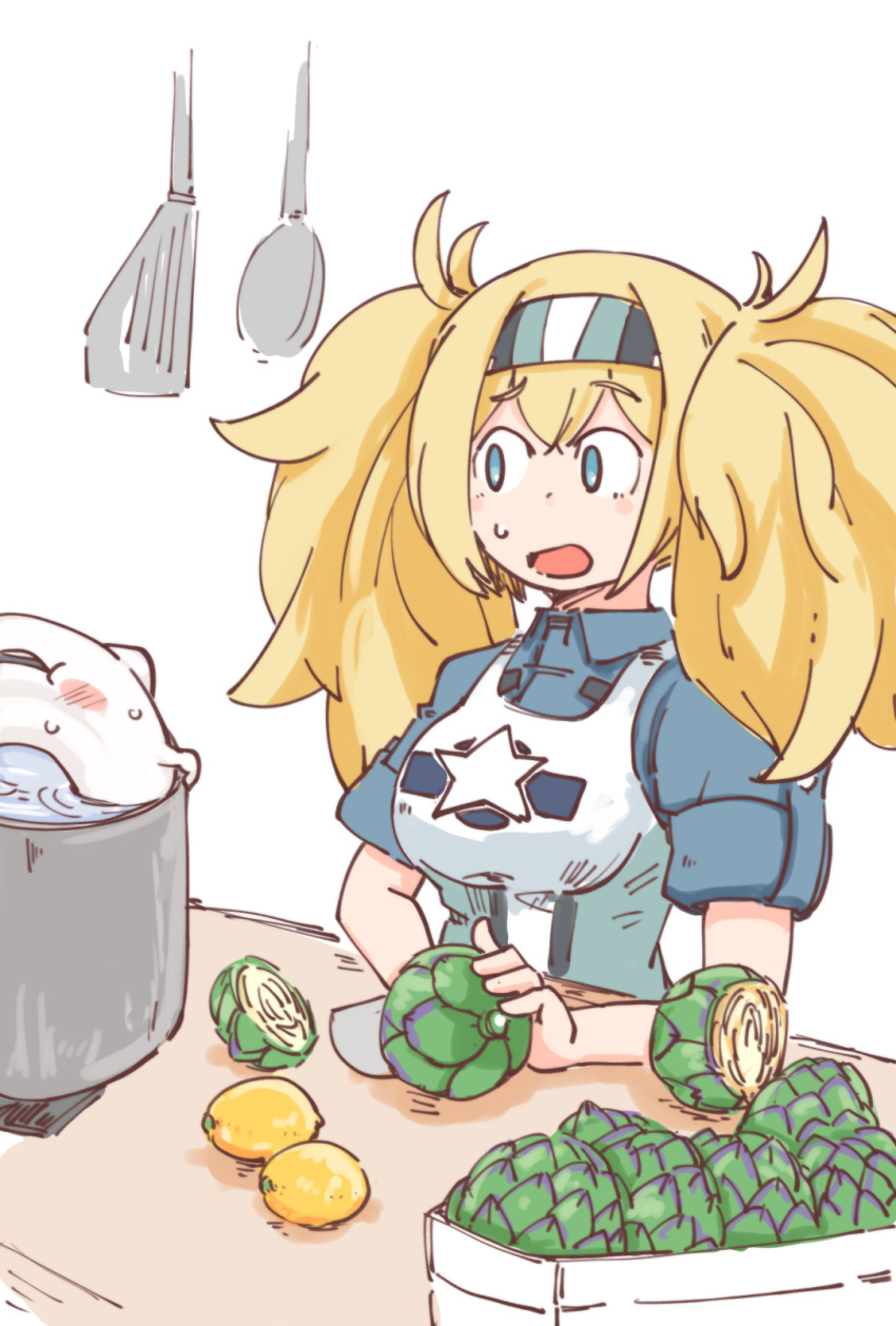 1girl :o alternate_costume apron artichoke_(food) blonde_hair blue_shirt blush_stickers collared_shirt commentary cutting enemy_lifebuoy_(kantai_collection) enjaku_izuku food fruit gambier_bay_(kantai_collection) gloves hair_between_eyes hairband highres kantai_collection knife lemon long_hair multicolored multicolored_clothes multicolored_gloves pot shirt short_sleeves solo spatula star sweat twintails