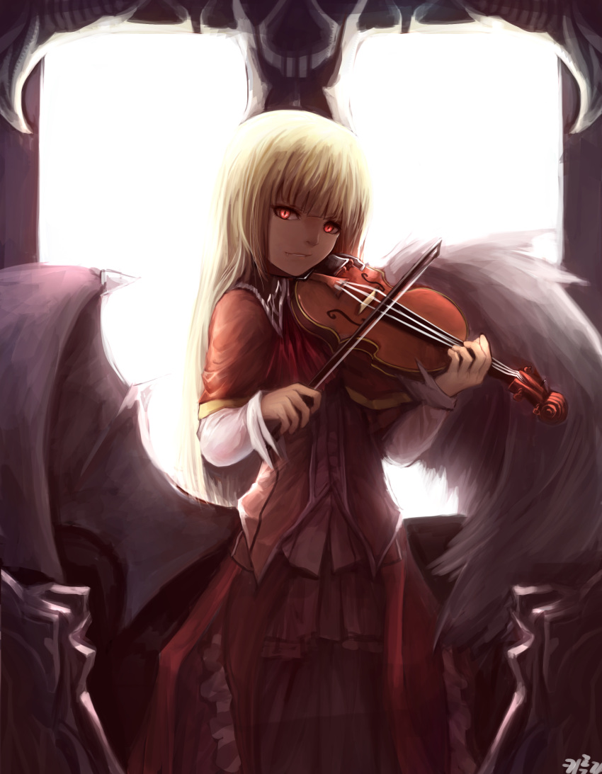 1girl absurdres ass_wings backlighting bangs blonde_hair blunt_bangs cowboy_shot demon_wings dress fang feathered_wings highres holding holding_instrument instrument kibellin long_dress long_hair looking_at_viewer music original parted_lips playing_instrument red_dress red_eyes solo standing violin white_wings wings