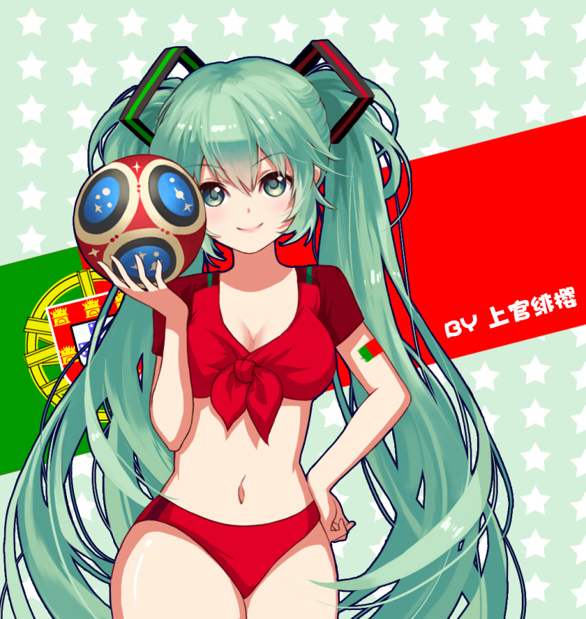 1girl 2018_fifa_world_cup aqua_eyes aqua_hair ball blush breasts chinese_commentary cleavage commentary_request cowboy_shot eyebrows_visible_through_hair front-tie_top green_background hair_between_eyes hand_on_hip hand_up hatsune_miku holding holding_ball long_hair looking_at_viewer medium_breasts midriff navel pink_lips portugal portuguese_flag red_bikini_bottom red_shirt shangguan_feiying shirt short_sleeves smile soccer_ball solo standing star starry_background stomach thighs twintails very_long_hair vocaloid world_cup