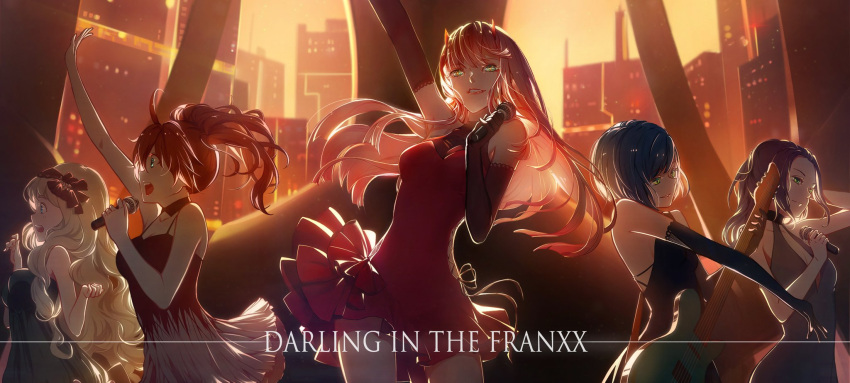 5girls arm_up bare_shoulders blonde_hair blue_hair chenaze57 cityscape darling_in_the_franxx dress elbow_gloves gloves green_eyes guitar highres horns ichigo_(darling_in_the_franxx) ikuno_(darling_in_the_franxx) instrument kokoro_(darling_in_the_franxx) long_hair microphone miku_(darling_in_the_franxx) multiple_girls pink_hair pointing purple_hair redhead short_hair skyline smile stage zero_two_(darling_in_the_franxx)
