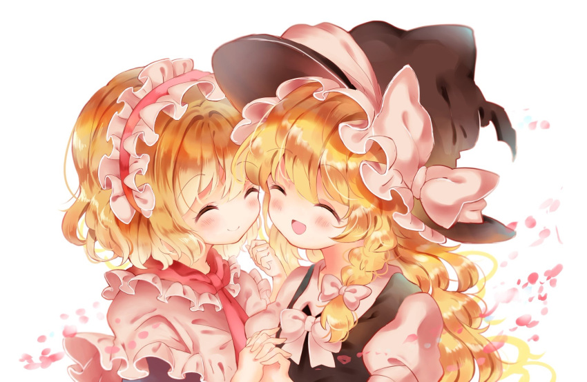 2girls ^_^ alice_margatroid black_vest blonde_hair blush bow braid capelet clenched_hand closed_eyes commentary_request eyebrows_visible_through_hair facing_another frilled_capelet frilled_hairband frills hair_between_eyes hair_ribbon hairband hand_holding hat hat_ribbon head_to_head highres interlocked_fingers kawao9 kirisame_marisa lolita_hairband long_hair multiple_girls open_mouth petals pink_bow pink_capelet pink_shirt puffy_short_sleeves puffy_sleeves red_neckwear red_ribbon ribbon shirt short_hair short_sleeves simple_background single_braid smile touhou tress_ribbon upper_body vest white_background witch_hat yuri