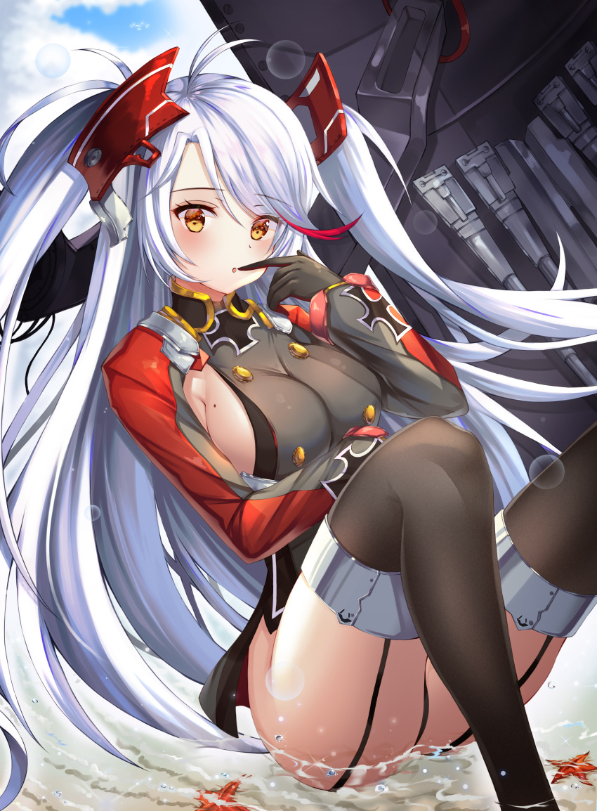 1girl :o absurdres antenna_hair ass azur_lane bangs black_gloves black_legwear blue_sky blush breasts brown_eyes bubble buttons clouds commentary_request cross day finger_to_mouth garter_straps gloves hair_ornament hand_up highres knees_up kotomaru_(sirouko9511) large_breasts long_hair long_sleeves looking_at_viewer machinery mole mole_on_breast outdoors parted_lips partially_submerged prinz_eugen_(azur_lane) rigging sidelocks sitting sky solo starfish swept_bangs thigh-highs two_side_up very_long_hair water white_hair