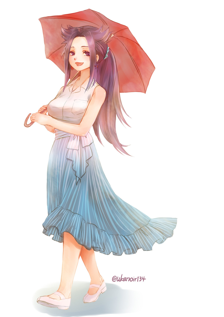 1girl absurdres blush breasts dress full_body highres jun'you_(kantai_collection) kantai_collection large_breasts long_dress long_hair looking_at_viewer multicolored multicolored_clothes multicolored_dress open_mouth purple_hair red_umbrella shoes simple_background smile solo twitter_username ukanoir134 umbrella violet_eyes white_background
