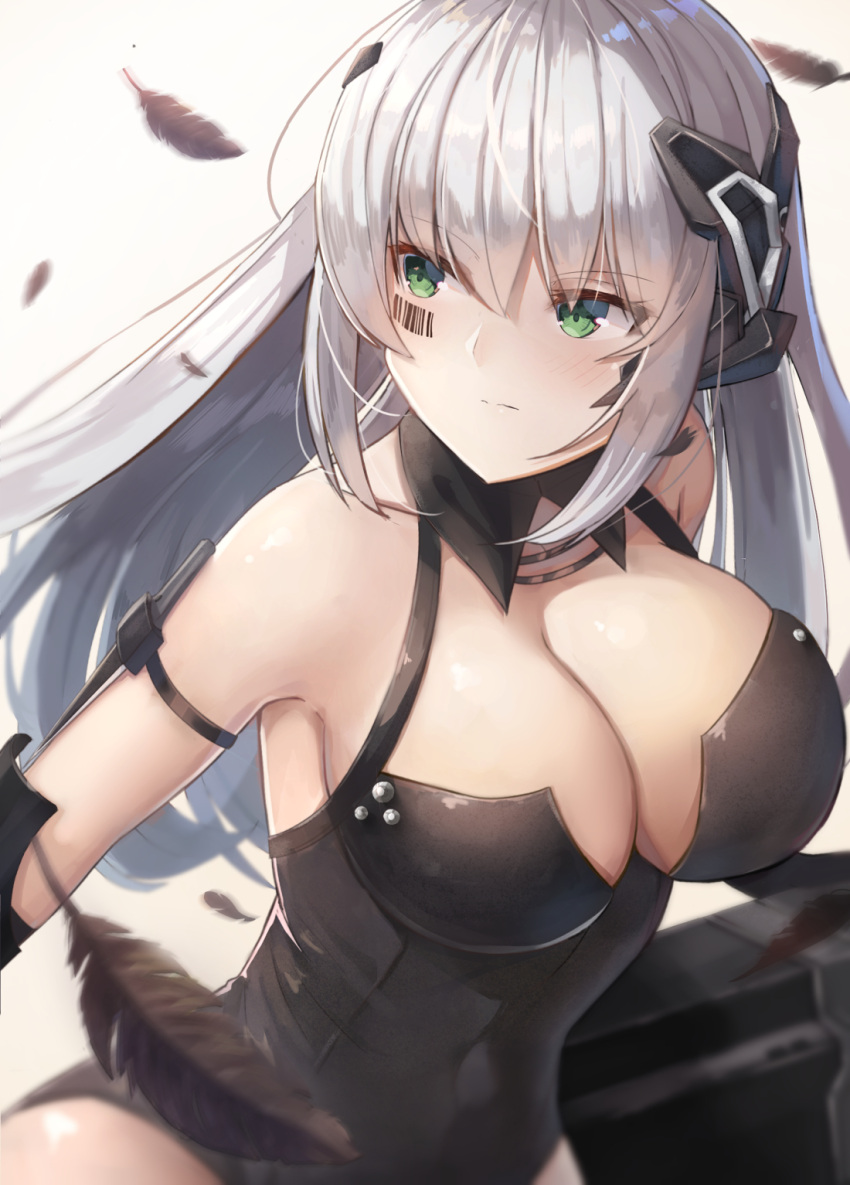 1girl arm_strap armpits bangs barcode bare_shoulders black_gloves black_leotard blunt_bangs blurry blush bow breasts cleavage cleavage_cutout closed_mouth depth_of_field eyebrows eyebrows_visible_through_hair eyes_visible_through_hair facial_tattoo feathers gager_(girls_frontline) girls_frontline gloves green_eyes gun hair_bow hair_ornament head_tilt headgear headphones highres holding holding_gun holding_weapon knife large_breasts leaning_forward leotard long_hair looking_at_viewer looking_away motokonut ornament sangvis_ferri sidelocks solo tattoo upper_body weapon white_hair