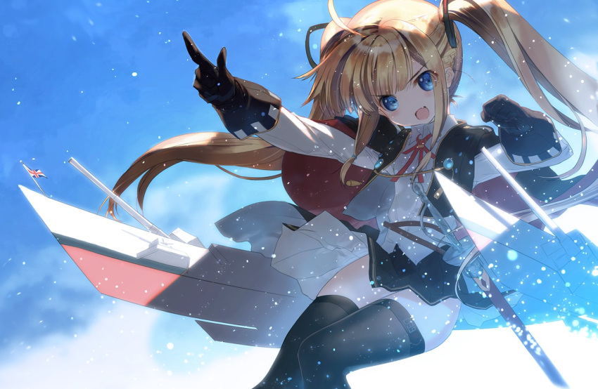 1girl ahoge amazon_(azur_lane) arms_at_sides azur_lane bangs black_legwear blonde_hair blue_eyes fang flag fog gloves long_hair military military_uniform nakamura_takeshi open_mouth pointing sky thigh-highs twintails uniform union_jack water_drop weapon