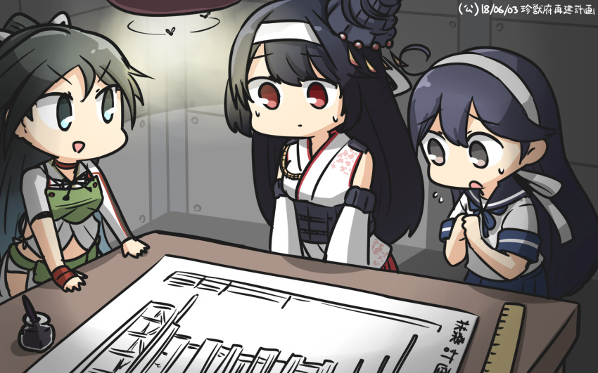 3girls :d bare_shoulders black_hair blue_eyes blue_sailor_collar blue_skirt brown_eyes bug commentary_request dated detached_sleeves fusou_(kantai_collection) hair_ornament hamu_koutarou headband highres insect japanese_clothes kantai_collection katsuragi_(kantai_collection) long_hair multiple_girls nontraditional_miko open_mouth pleated_skirt red_eyes remodel_(kantai_collection) sailor_collar school_uniform serafuku short_sleeves skirt smile ushio_(kantai_collection) v-shaped_eyebrows white_headband