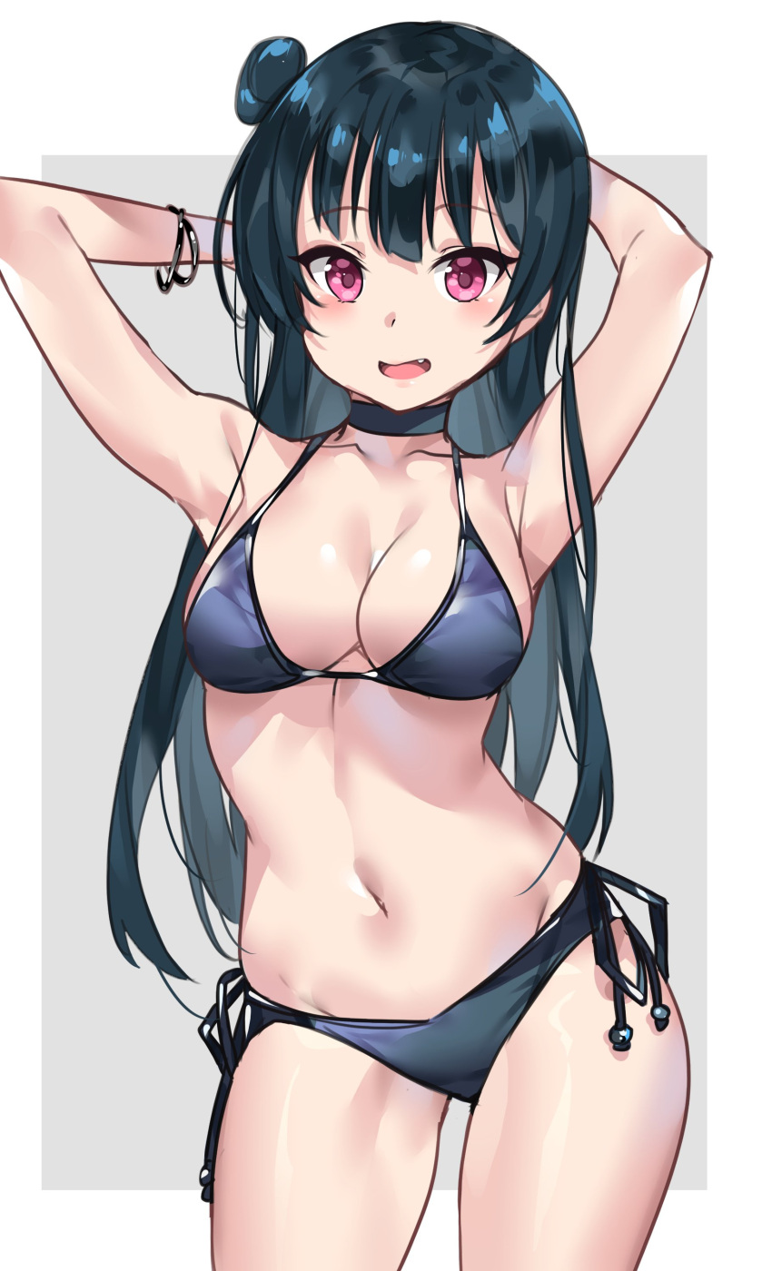 1girl absurdres armpits arms_up bangle bikini black_bikini black_hair bracelet breasts choker cleavage contrapposto cowboy_shot eyebrows_visible_through_hair highres jewelry long_hair looking_at_viewer love_live! love_live!_sunshine!! medium_breasts navel outside_border pink_eyes side-tie_bikini side_bun solo swimsuit tem10 tsushima_yoshiko