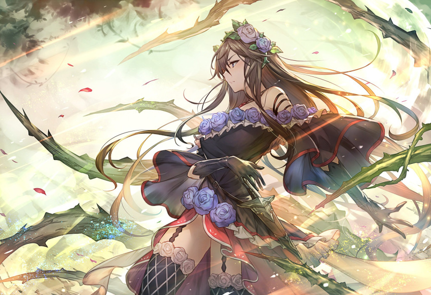 1girl bare_shoulders blue_flower blue_rose breasts brown_hair cleavage closed_mouth commentary dress flower from_side garter_straps gloves granblue_fantasy hair_between_eyes hair_flower hair_ornament highres kakage large_breasts long_hair plant profile rose rosetta_(granblue_fantasy) solo thigh-highs thorns violet_eyes