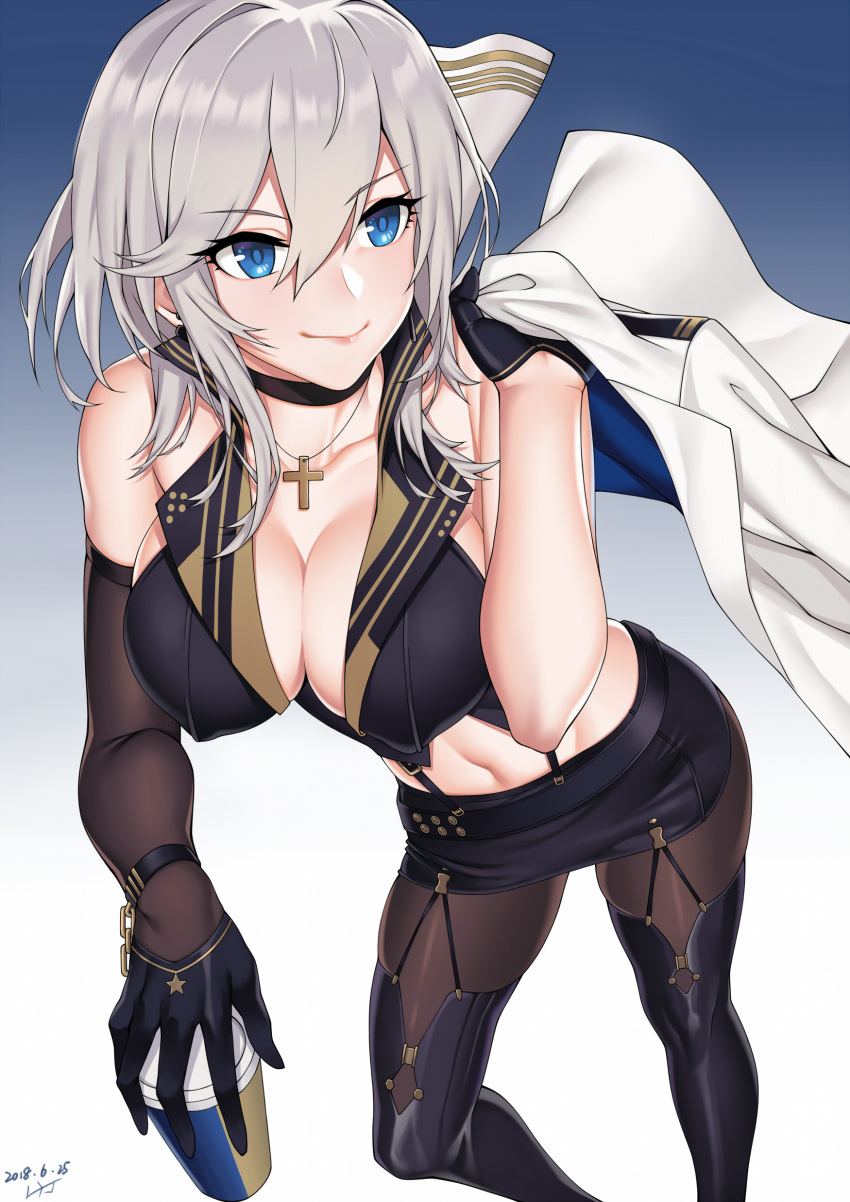1girl absurdres azur_lane bare_shoulders black_choker black_footwear black_gloves black_legwear black_skirt black_vest blue_eyes boots breasts carrying_over_shoulder center_opening choker cleavage collarbone contrapposto cross cross_necklace dated elbow_gloves erect_nipples from_above garter_straps gloves hair_between_eyes hair_intakes highres holding_drink jewelry large_breasts looking_back midriff miniskirt navel necklace no_bra pantyhose pencil_skirt short_hair silver_hair single_elbow_glove skirt smile solo suspender_skirt suspenders thigh-highs thigh_boots vest washington_(azur_lane) zui_ai_shuang_mawei