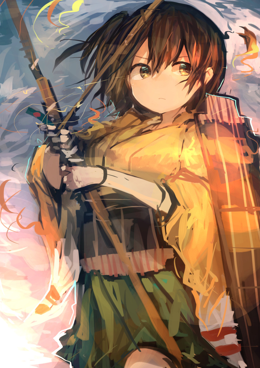 1girl absurdres arrow bangs bow_(weapon) brown brown_hair commentary_request flight_deck green_skirt hair hair_between_eyes hakama_skirt highres hiryuu_(kantai_collection) holding holding_bow_(weapon) holding_weapon japanese_clothes kaamin_(mariarose753) kantai_collection serious short_hair side_ponytail skirt solo weapon wide_sleeves