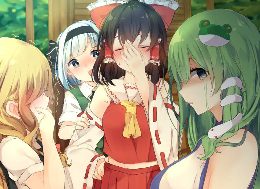 +_+ 4girls :d arm_grab ascot bare_shoulders behind_another black_hair black_hairband black_neckwear black_ribbon black_vest blonde_hair blue_eyes blush bow breasts closed_eyes commentary_request covering_mouth detached_sleeves frilled_bow frills frog_hair_ornament from_side grabbing green_hair green_vest hair_bow hair_ornament hair_ribbon hair_tubes hairband hakurei_reimu hand_on_hip hand_on_own_face head_tilt karasusou_nano kirisame_marisa kochiya_sanae konpaku_youmu large_breasts long_sleeves looking_at_another looking_at_viewer midriff_peek multiple_girls no_hat no_headwear open_mouth parted_lips pleated_skirt profile red_bow red_skirt ribbon ribbon-trimmed_sleeves ribbon_trim shirt short_sleeves silver_hair skirt smile snake_hair_ornament touhou upper_body vest wavy_mouth white_shirt wing_collar yellow_neckwear yuri