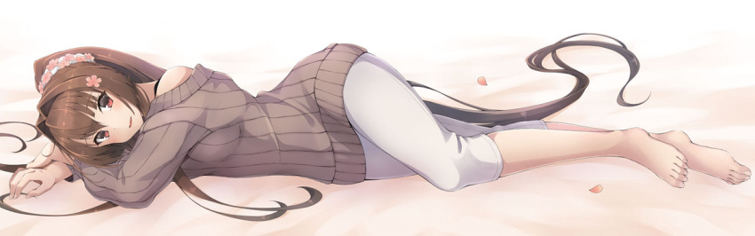 1girl arm_pillow barefoot black_bra blush bra bra_strap brown_hair cherry_blossoms flower full_body grey_sweater hair_flower hair_intakes hair_ornament kantai_collection kochipu long_sleeves looking_at_viewer lying navel off_shoulder on_side pants parted_lips ponytail red_eyes ribbed_sweater solo sweater underwear white_pants yamato_(kantai_collection)