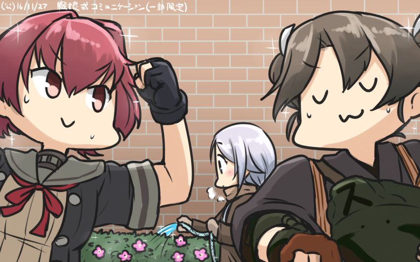 3girls :&gt; :3 blue_eyes blush braid brick_wall bush clenched_hands closed_eyes coat commentary_request eyebrows_visible_through_hair fingerless_gloves flower from_side gloves green_hair hakama hamu_koutarou highres hose jacket japanese_clothes kantai_collection kinu_(kantai_collection) long_hair long_sleeves looking_at_another multiple_girls neck_ribbon onmyouji outdoors pink_hair red_ribbon remodel_(kantai_collection) ribbon school_uniform serafuku short_hair silver_hair single_braid sparkle sweat twintails umikaze_(kantai_collection) upper_body v-shaped_eyebrows water watering winter_clothes winter_coat zui_zui_dance zuikaku_(kantai_collection)
