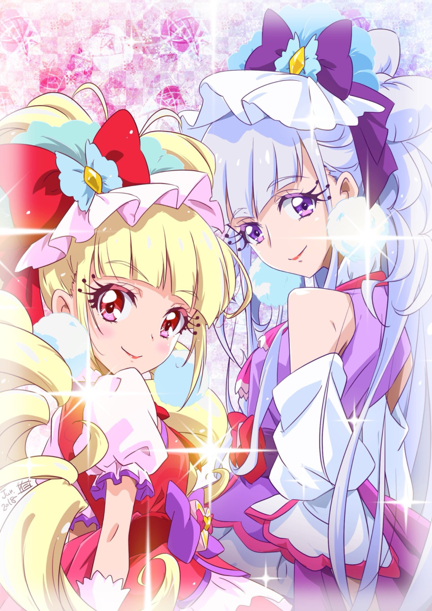 2girls aisaki_emiru blush bow checkered checkered_background cure_amour cure_macherie detached_sleeves gloves hair_bow highres hugtto!_precure long_hair looking_at_viewer looking_back multiple_girls necktie nii_manabu precure purple_bow red_bow red_eyes red_lips red_neckwear ruru_amour short_sleeves silver_hair smile sparkle very_long_hair violet_eyes white_gloves