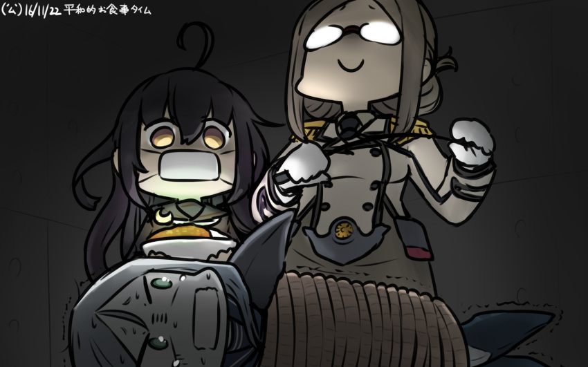 3girls ahoge black_hair black_serafuku bound brown_hair commentary_request crescent crescent_moon_pin curry curry_rice dated epaulettes folded_ponytail food gag glasses gloves hamu_koutarou highres improvised_gag kantai_collection katori_(kantai_collection) long_hair mikazuki_(kantai_collection) military military_uniform multiple_girls necktie pointer rice school_uniform serafuku shinkaisei-kan smile surgical_mask ta-class_battleship tape tape_gag tearing_up tied_up trembling uniform white_neckwear