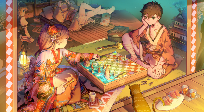 1boy 3girls architecture barefoot blonde_hair bloomers board_game brown_hair cat chess chin_rest closed_fan cup drink drinking_glass drooling east_asian_architecture fan flower folding_fan food forte frilled_sleeves frills fruit green_eyes hair_flower hair_ornament hair_stick highres holding holding_fan japanese_clothes katana kimono lantern long_hair long_sleeves looking_at_another lying maid multiple_girls on_back original plate playing playing_games puffy_short_sleeves puffy_sleeves scar seiza short_sleeves sitting sword underwear watermelon weapon wide_sleeves