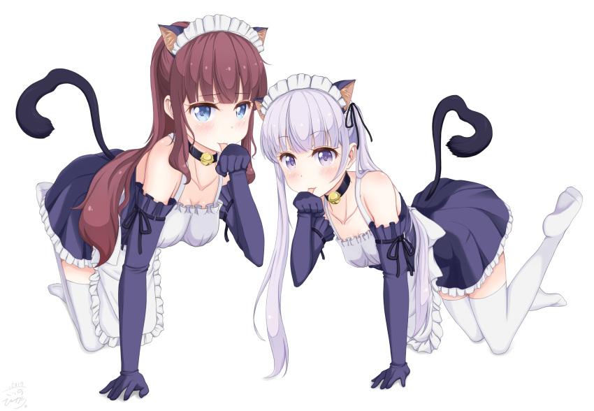 2girls absurdres all_fours alternate_costume animal_ears bangs black_ribbon blunt_bangs breasts brown_hair cat_ears cat_tail choker cleavage collarbone elbow_gloves enmaided eyebrows_visible_through_hair gloves hair_ribbon heart heart_tail highres jewelry long_hair maid maid_headdress medium_breasts miniskirt multiple_girls necklace new_game! pleated_skirt purple_gloves purple_skirt ribbon sainohikari silver_hair skirt suzukaze_aoba tail takimoto_hifumi thigh-highs tongue tongue_out twintails very_long_hair violet_eyes white_legwear zettai_ryouiki