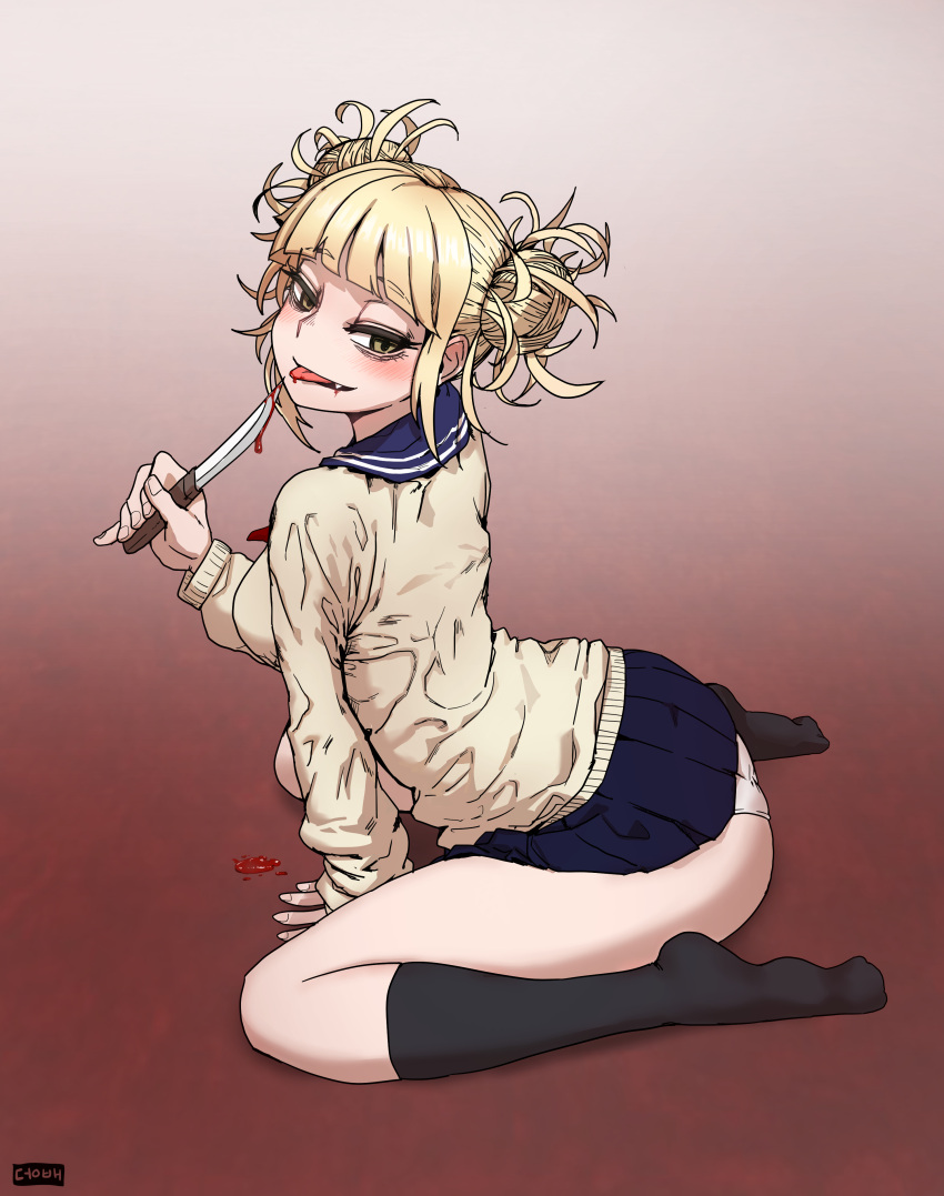 1girl absurdres arched_back arm_support bangs banned_artist black_legwear blonde_hair blood blue_sailor_collar blunt_bangs blush boku_no_hero_academia cardigan double_bun dungbae eyebrows_visible_through_hair fang full_body half-closed_eyes highres holding holding_knife kneehighs knife long_sleeves looking_at_viewer looking_back messy_hair open_mouth sailor_collar school_uniform serafuku short_hair sitting skirt smile solo sweater toga_himiko tongue tongue_out wariza yellow_eyes yellow_sweater