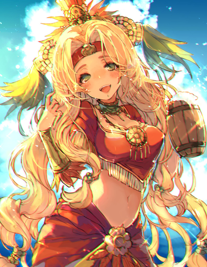 1girl beer_mug blonde_hair chobi_(sakuyasakuhana) chromatic_aberration circlet fate/grand_order fate_(series) green_eyes headdress highres jewelry long_hair low-tied_long_hair navel necklace quetzalcoatl_(fate/grand_order)