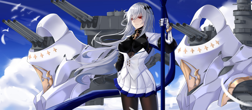 1girl absurdres azur_lane bangs bird breasts bustier cannon clouds condensation_trail corset cowboy_shot day eternity_(pixiv8012826) highres holding holding_weapon large_breasts long_hair outdoors pantyhose pleated_skirt polearm red_eyes saint-louis_(azur_lane) serious silver_hair skirt sky solo very_long_hair weapon white_skirt wind