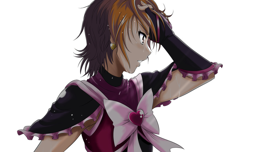 1girl black_gloves bow bowtie brown_eyes brown_hair cure_black earrings fingerless_gloves futari_wa_precure gloves hand_in_hair heart heart_earrings highres jewelry kakkii misumi_nagisa open_mouth precure short_hair simple_background sleeveless solo upper_body wet white_background white_bow