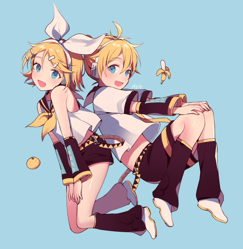 1boy 1girl :d artist_name azit_(down) banana bare_shoulders belt blonde_hair blue_background blue_eyes bow brother_and_sister detached_sleeves floating food fruit hair_bow hair_ornament hairclip hands_on_own_knees hands_together headphones headset highres kagamine_len kagamine_rin knees_together_feet_apart leg_warmers looking_at_viewer mandarin_orange necktie open_mouth sailor_collar sailor_shirt shirt short_hair short_ponytail shorts siblings signature sleeveless sleeveless_shirt smile treble_clef twins vocaloid yellow_neckwear