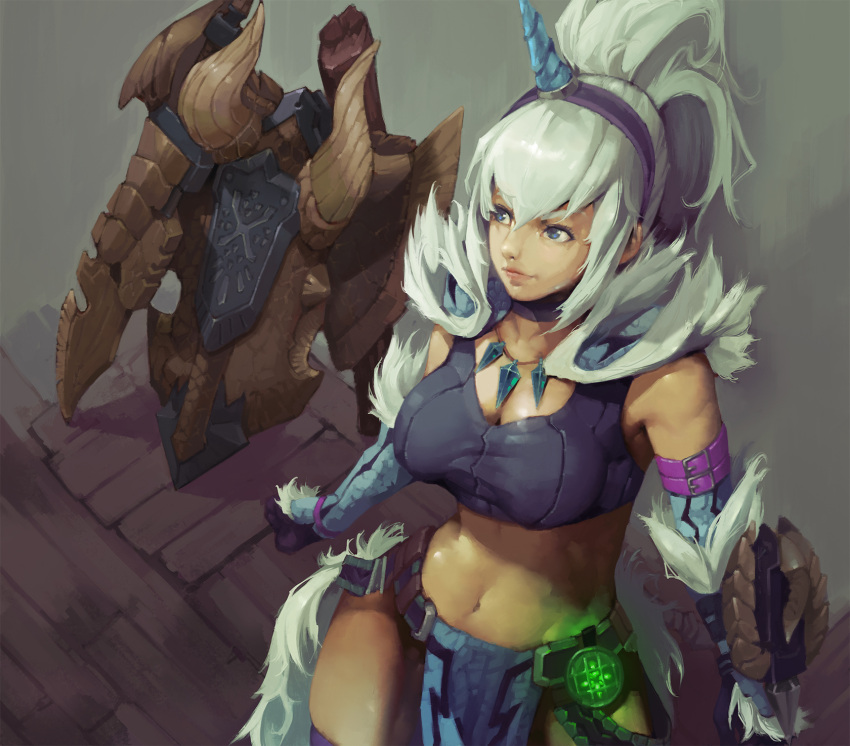 1girl arm_belt arms_at_sides bangs belt blue_eyes breasts charge_blade closed_mouth collarbone commentary_request fur_trim gauntlets glowing hair_between_eyes hairband highres horn insect_cage jewelry kirin_(armor) lips loincloth long_hair looking_to_the_side medium_breasts monster_hunter monster_hunter:_world navel pendant ponytail satoshi1923 shield sidelocks smile solo sports_bra standing stomach sword thigh-highs upper_body weapon white_hair