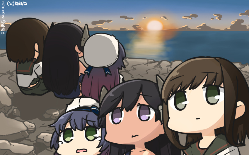 3girls alternate_hairstyle black_hair black_sailor_collar black_skirt blue_sky brown_hair clouds commentary_request dated empty_eyes eyebrows_visible_through_hair fubuki_(kantai_collection) green_eyes hair_ornament hamu_koutarou hat highres i-400_(kantai_collection) kantai_collection long_hair matsuwa_(kantai_collection) multiple_girls ocean open_mouth outdoors pleated_skirt remodel_(kantai_collection) sailor_collar sailor_hat school_uniform serafuku short_hair short_ponytail short_sleeves sitting skirt sky sun sunrise tan tanline tears torn_clothes violet_eyes white_hat