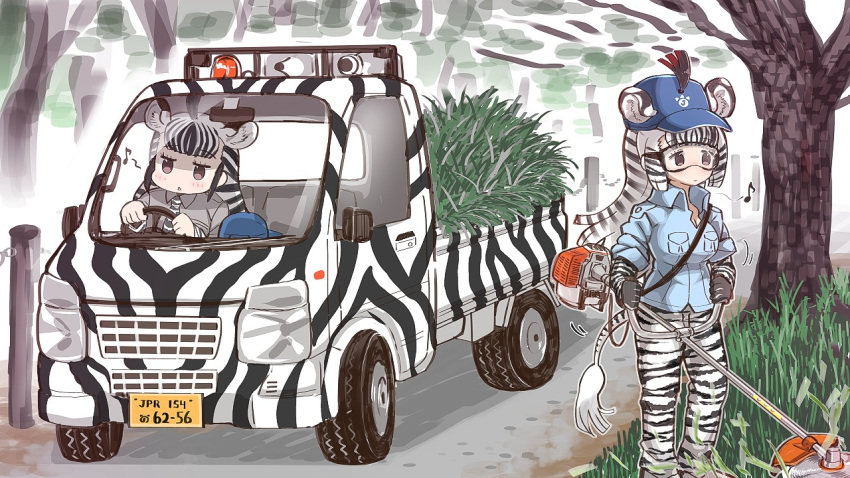 2girls adapted_costume animal_ears animal_print black_gloves black_hair blue_shirt breast_poke brown_eyes collared_shirt commentary driving eighth_note english_commentary extra_ears gloves goggles grevy's_zebra_(kemono_friends) grey_shirt ground_vehicle hat kemono_friends license_plate long_hair long_sleeves motor_vehicle multicolored_hair multiple_girls musical_note necktie outdoors plains_zebra_(kemono_friends) poking shirt short_over_long_sleeves short_sleeves steering_wheel tail tanaka_kusao tree truck two-tone_hair weeds white_hair zebra_ears zebra_print zebra_tail