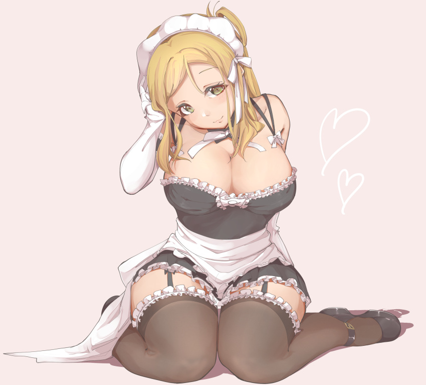 1girl ankle_strap apron beige_background black_footwear black_legwear black_skirt blonde_hair breasts cleavage detached_collar elbow_gloves frilled_legwear frilled_skirt frills garter_straps gloves hair_rings hair_tucking heart highres komiyama_(user_ycnc3474) large_breasts looking_at_viewer love_live! love_live!_sunshine!! maid maid_headdress medium_hair neck_ribbon ohara_mari platform_footwear ribbon simple_background sitting skirt smile solo thigh-highs waist_apron wariza white_gloves white_ribbon yellow_eyes