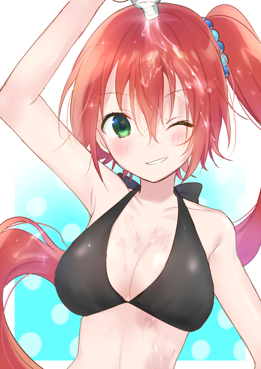 1girl absurdres arm_up black_background black_bikini_top blush bottle breasts cleavage collar eyebrows_visible_through_hair grin hair_between_eyes hair_ornament highres holding holding_bottle kakizato large_breasts long_hair one_eye_closed original redhead side_ponytail smile solo upper_body very_long_hair water water_bottle