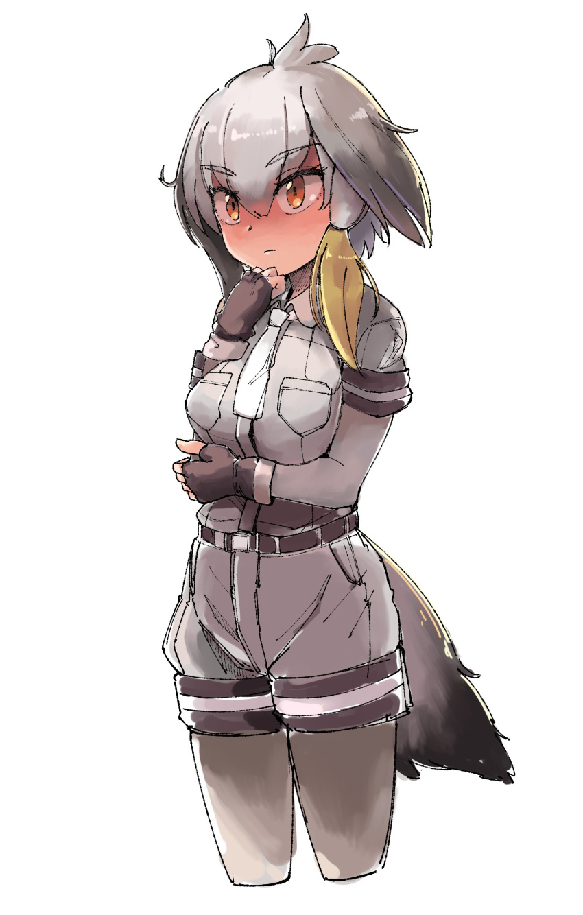 1girl absurdres bird_tail bird_wings blonde_hair breast_pocket collared_shirt cowboy_shot elbow_gloves eyebrows_visible_through_hair fingerless_gloves gloves grey_hair hair_tie hand_on_own_chin head_wings highres kemono_friends necktie omnisucker pantyhose pocket shirt shoebill_(kemono_friends) short_hair short_sleeves shorts solo uniform wings