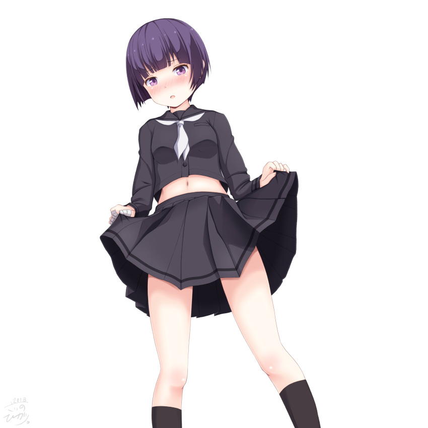 1girl absurdres bangs black_legwear black_serafuku black_shirt black_skirt blunt_bangs blush eromanga_sensei eyebrows_visible_through_hair from_below highres kneehighs lifted_by_self looking_at_viewer midriff miniskirt open_mouth pink_eyes pleated_skirt purple_hair sainohikari school_uniform senju_muramasa serafuku shirt short_hair skirt skirt_lift solo standing stomach