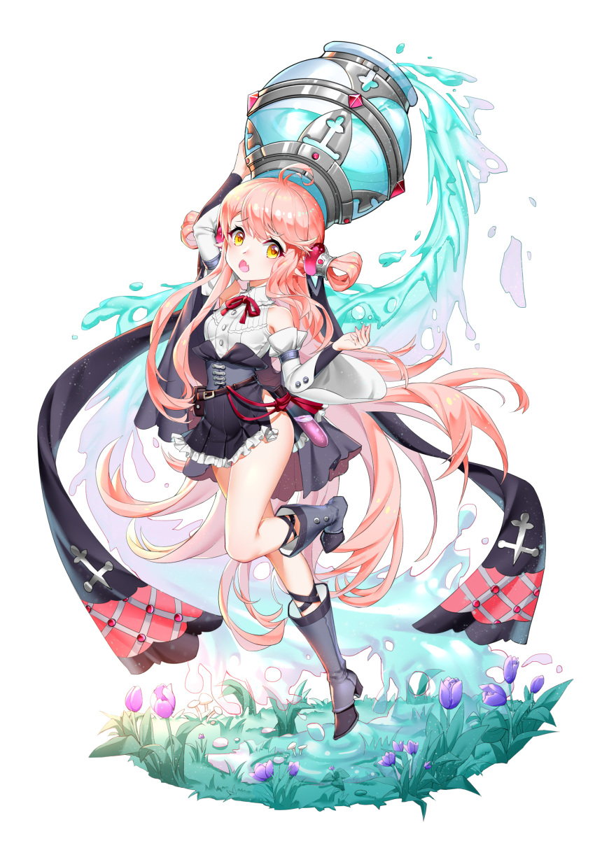 1girl :o absurdres ahoge arm_up boku_koyuki_mx boots copyright_request detached_sleeves flower full_body grey_footwear highres jug long_hair mushroom pink_hair potion pouch two_side_up very_long_hair vial water yellow_eyes