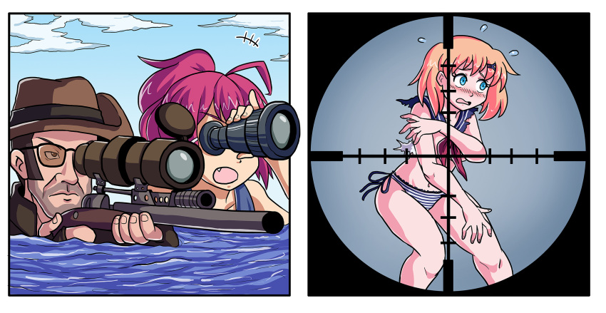 +++ 1boy 2girls 2koma blush clouds comic commentary convenient_censoring darkyamatoman day english_commentary fang gun hair_ornament hat highres historical_event i-168_(kantai_collection) kantai_collection meme multiple_girls no_gloves no_hat no_headwear no_legwear open_mouth panties partially_submerged redhead rifle sailor_collar scope sniper_rifle striped striped_panties sunglasses sweat team_fortress_2 the_sniper torn_clothes trait_connection underwear wavy_mouth weapon yorktown_(zhan_jian_shao_nyu) zhan_jian_shao_nyu