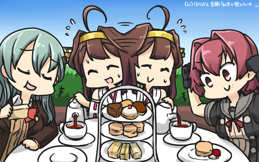 3girls :d afterimage ahoge blue_hair blue_sky brown_hair cake closed_eyes colombia_pose commentary cup dated day dessert eating food gloves hamu_koutarou headgear highres kantai_collection kinu_(kantai_collection) kongou_(kantai_collection) long_hair multiple_girls neck_ribbon open_mouth pastry red_eyes redhead remodel_(kantai_collection) ribbon sailor_collar serving short_hair sky smile suzuya_(kantai_collection) sweat table tea teacup tiered_tray